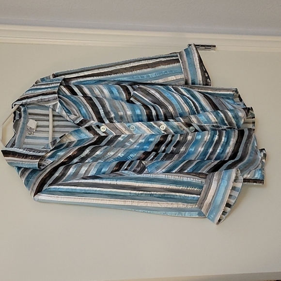 VTG DRESSBARN 1990s blue silver satin metallic striped ribbon button down shirt - Picture 2 of 7